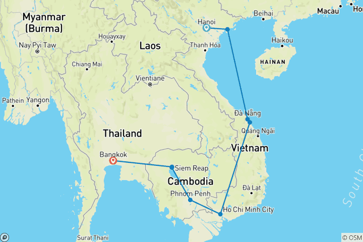 Carte du circuit Circuit de 17 jours au Vietnam, au Cambodge et en Thaïlande, de Hanoi à la baie d'Halong, Phnom Penh, Siem Reap et Bangkok