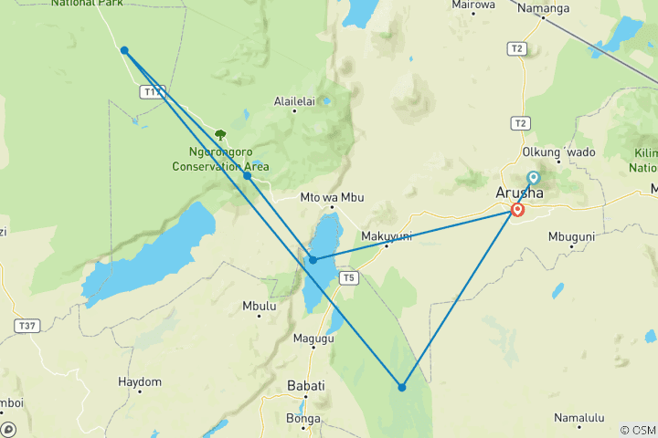 Mapa de 6 Días | Viaje de Lujo por el Poderoso Parque Nacional del Serengeti, el Cráter del Ngorongoro y más