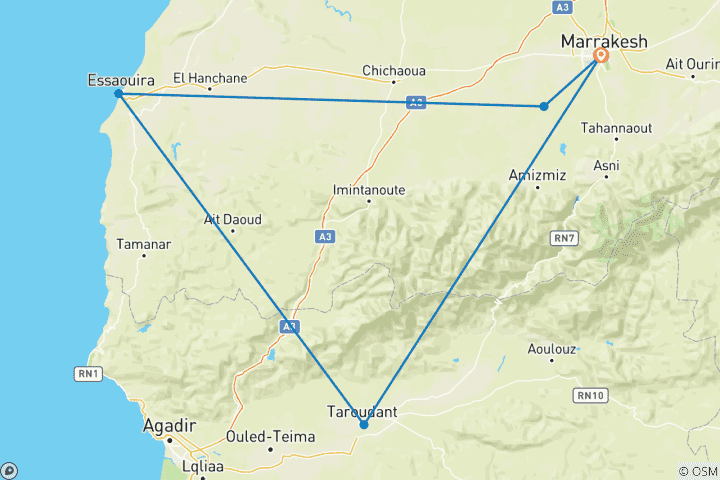 Kaart van Marrakech, Agafay & Kust - 5 Dagen