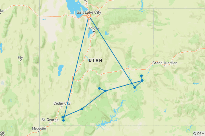 Map of Utah's Mighty Five From Salt Lake City - 8 days