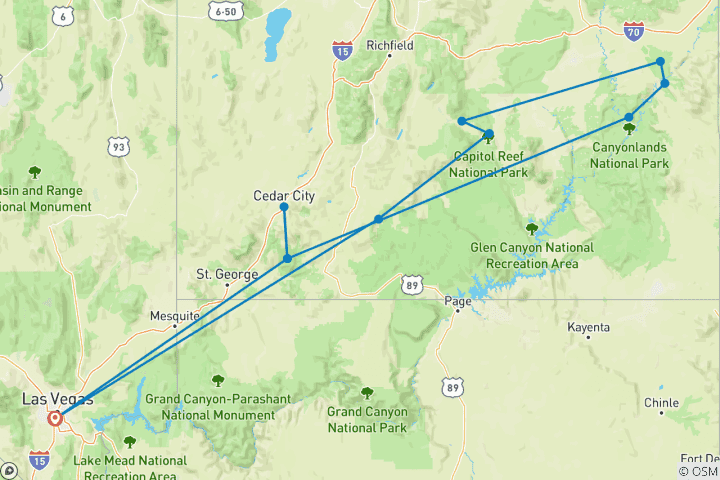 Mapa de Los Cinco Poderosos de Utah desde Las Vegas - 5 días