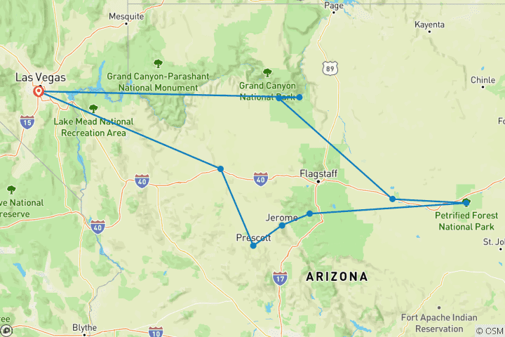 Carte du circuit Vegas, Grand Canyon et Arizona - 8 jours