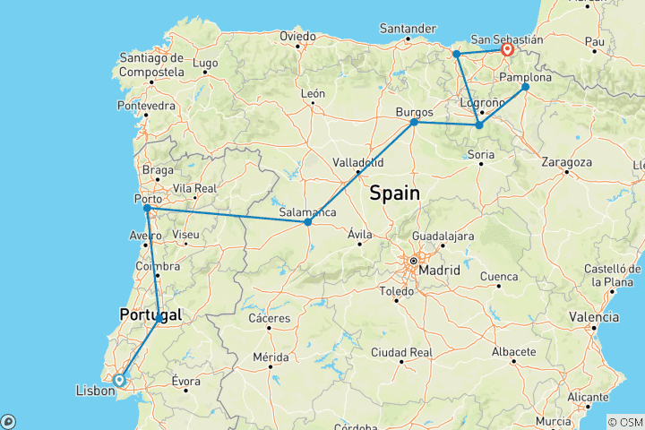 Carte du circuit Saveurs du Portugal et de l'Espagne avec les régions viticoles du Douro et de la Rioja (de Lisbonne à Saint-Sébastien) (2025)