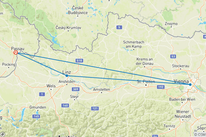 Karte von Donau Kurz-Kreuzfahrt 2025 (16 Destinationen)