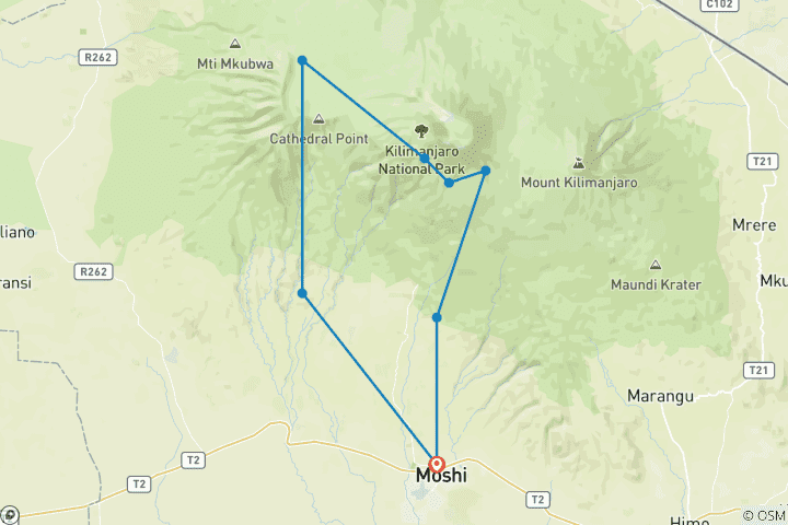 Kaart van 7-daagse Kilimanjaro Wandelen Via Machame Route Ervaring