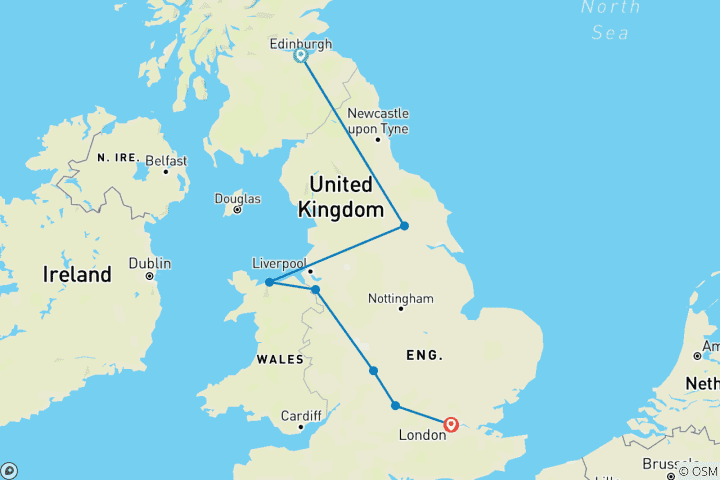 Carte du circuit Paysages britanniques d'Angleterre, d'Écosse et du Pays de Galles (d'Édimbourg à Londres)