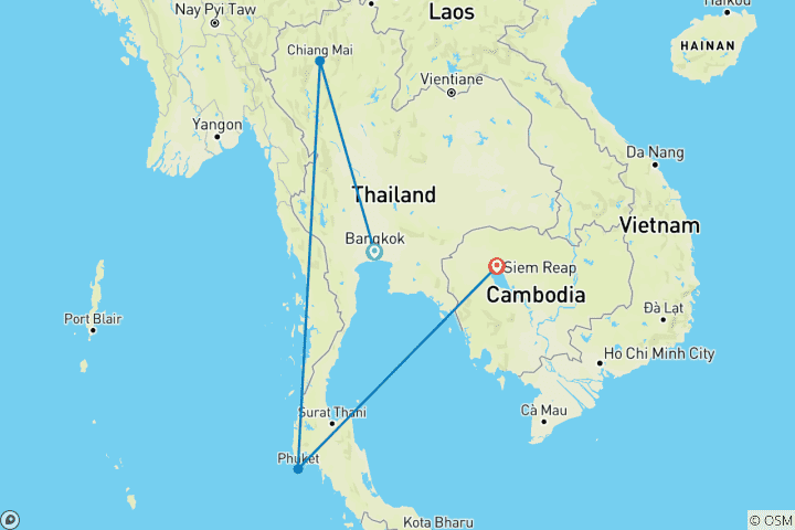 Map of Timeless Wonders of Thailand and Cambodia in 12 Days