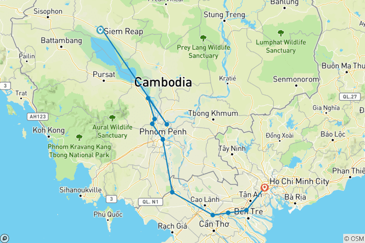 Map of The Mekong in a different way - Between adventure and must-see sites