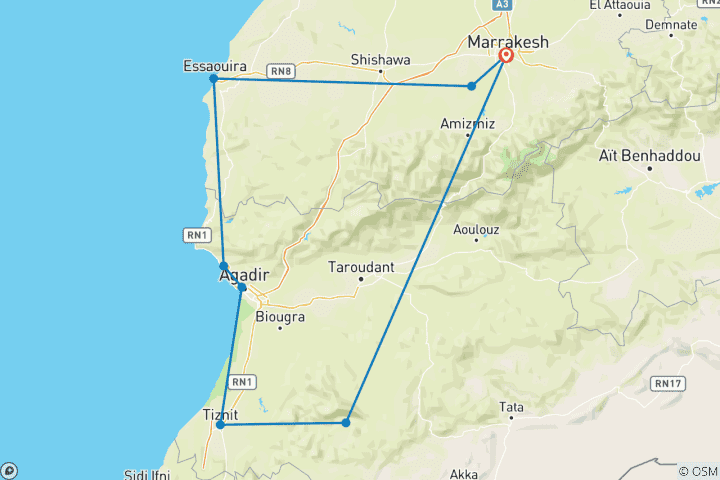 Map of Marrakech, Agafay & Coast - 5 days