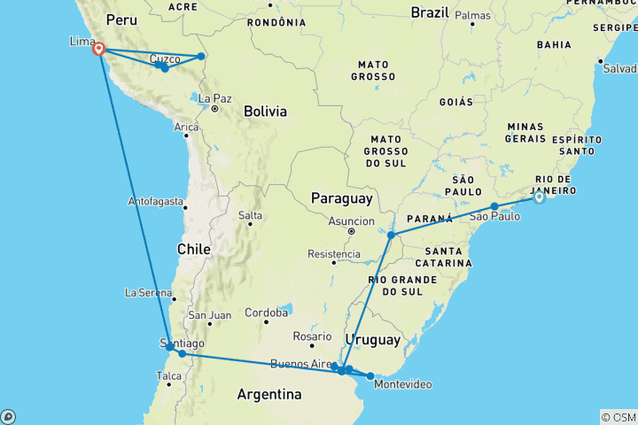 Map of 【South America】 21 days 5-country tour to Brazil, Argentina, Uruguay, Chile, Peru Package