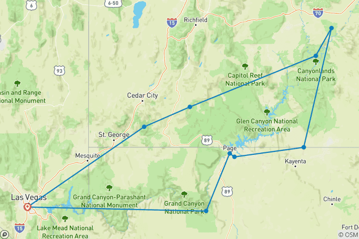 Map of 7 Day Southwest National Parks Grand Canyon Camping Tour