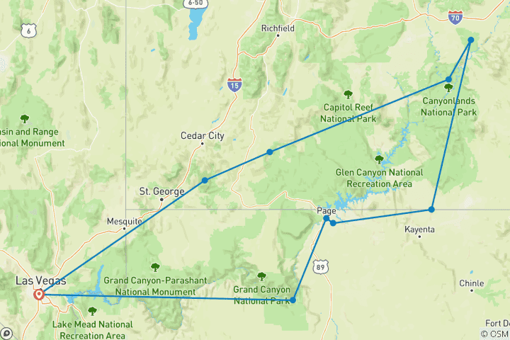 Map of 7 Day Southwest National Parks Grand Canyon Camping Tour