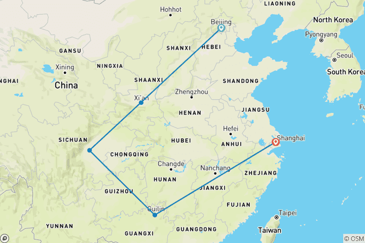 Karte von 12 Tage China - Private Tour (Peking/Xian/Chengdu/Guilin & Shanghai)