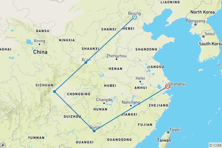 Carte du circuit La Chine en 12 jours - Circuit privé (Pékin/Xian/Chengdu/Guilin & Shanghai)