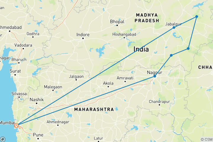 Map of Ultimate Tiger Safari Tour with Mumbai