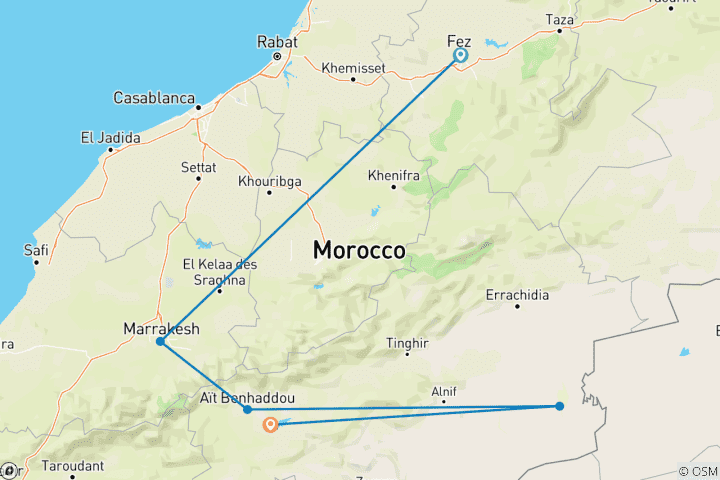 Mapa de Circuito de 3 días de Fes a Marrakech por el desierto vía Merzouga