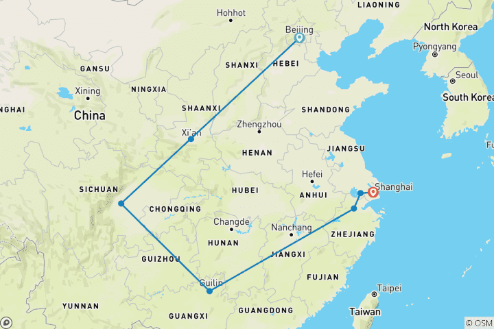 Karte von Endlose Schönheit Chinas in 16 Tagen - Private Tour (Beijing/Xian/Chengdu/Guilin/Hangzhou/Suzhou/Shanghai)
