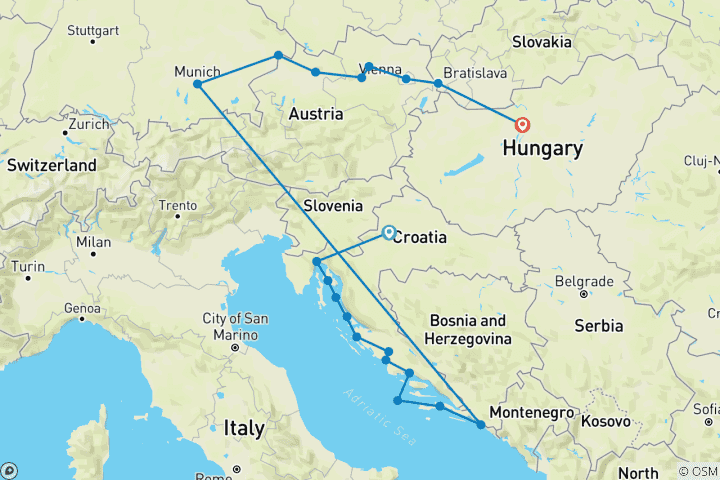 Carte du circuit Joyaux de l'Adriatique et du Danube Zagreb → Budapest (2025)