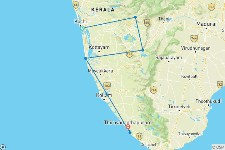 Carte du circuit Circuit privé de 7 jours au Kerala avec visites touristiques !