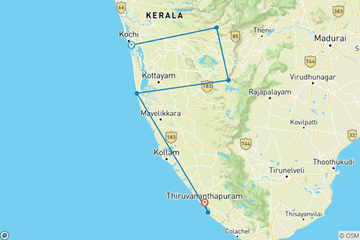 Map of 7-Days Private Kerala Tour with Sightseeing!!