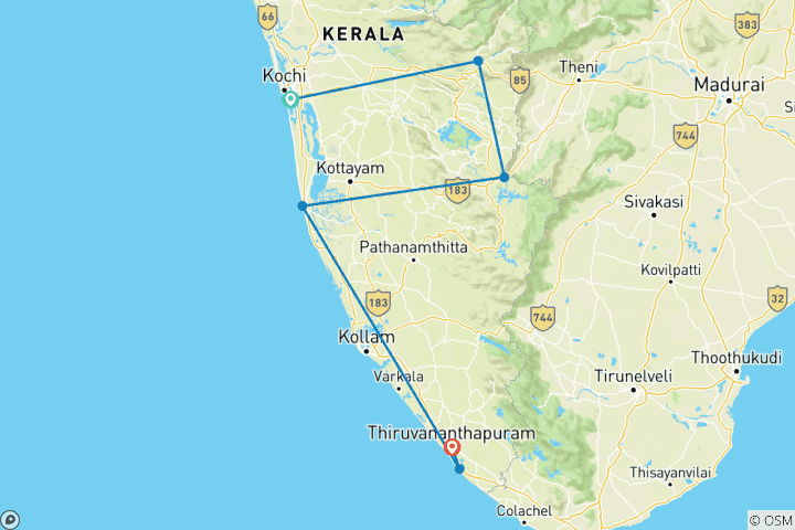 Carte du circuit Circuit privé de 7 jours au Kerala avec visites touristiques !