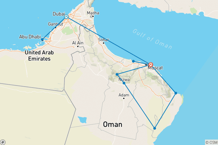 Map of Emirates and Oman round trip