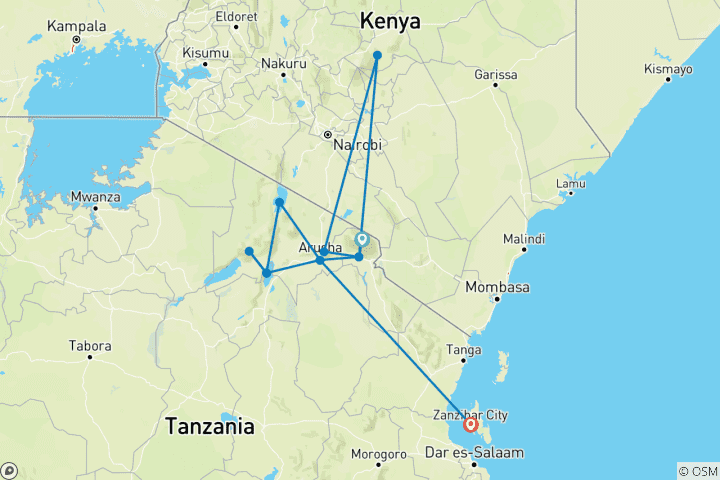 Map of Tanzania Adventure: Meru Trekking, Safari & Zanzibar