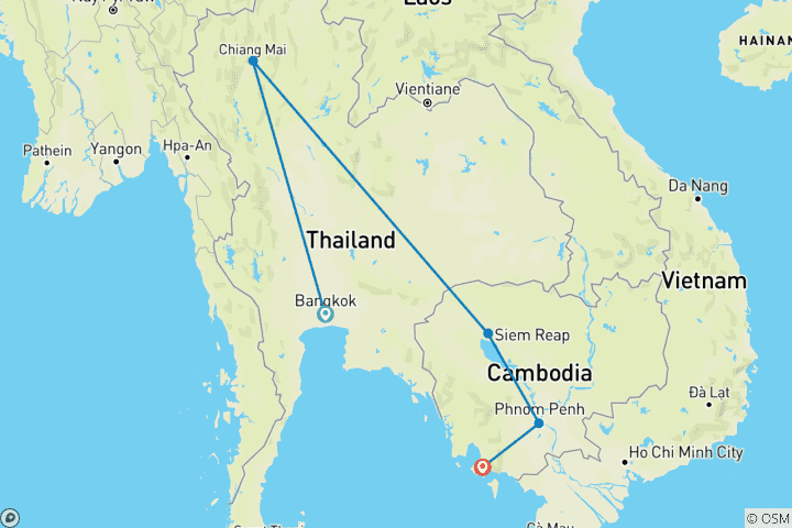 Map of 15 Days to Discover Hidden Charms of Thailand and Cambodia