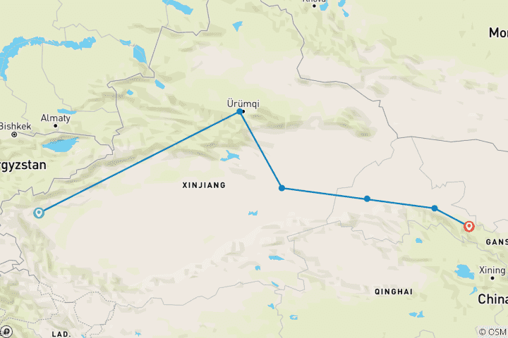 Karte von Die Seidenstraße von Kashgar nach Zhangye 8 Tage