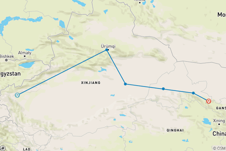 Map of Silk Road 8D from Kashgar to Zhangye