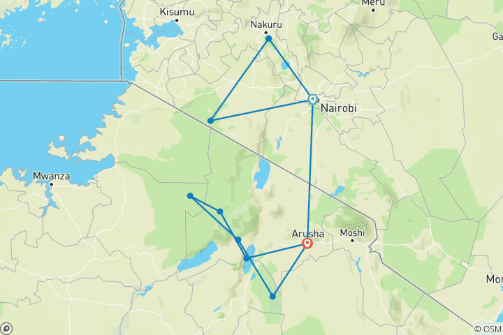 Carte du circuit Safari classique de 11 jours en Afrique de l'Est (migration des gnous possible)