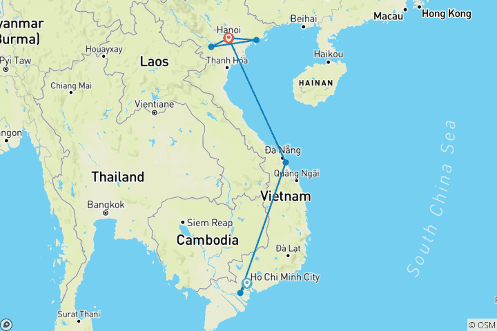 Carte du circuit 12 jours d'aventure romantique au Vietnam - Circuit privé