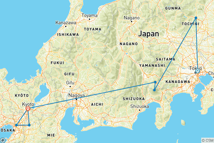 Kaart van 10 daagse rondreis door Japan