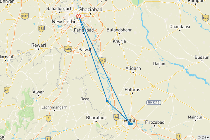 Mapa de Excursión en coche de 1 día de Delhi a Agra con Conservación de Elefantes y Templo de Mathura