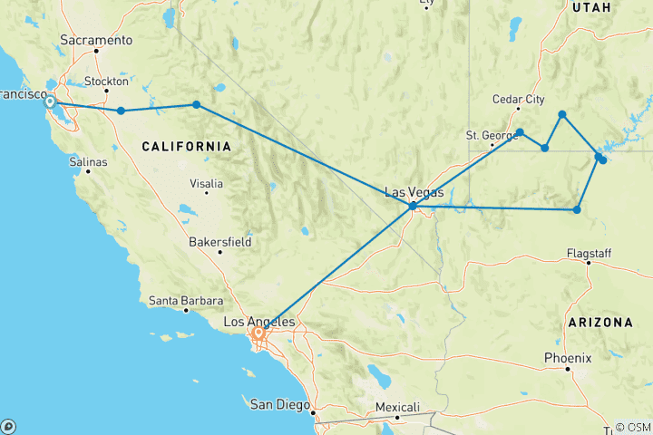 Carte du circuit De San Francisco au Grand Canyon et à Los Angeles - 6 jours