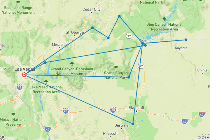 Carte du circuit Vegas, Monument Valley et Grand Canyon - 7 jours