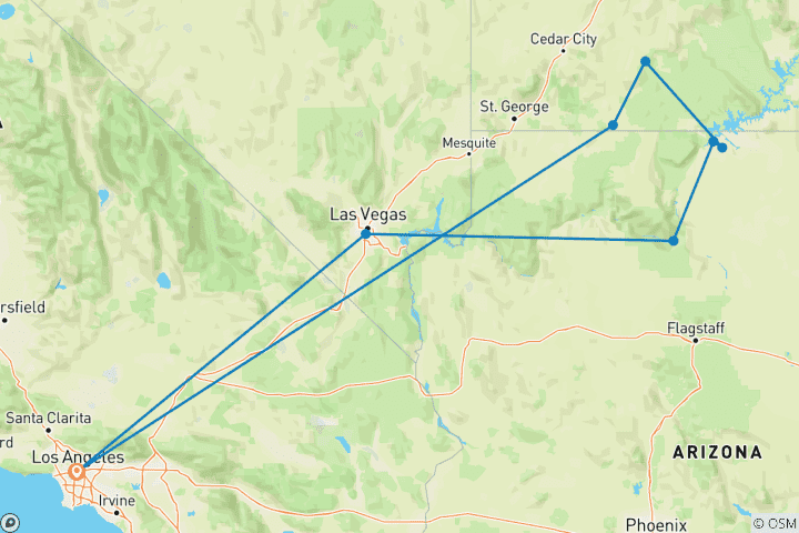 Map of LA to Vegas & Grand Canyon - 4 days