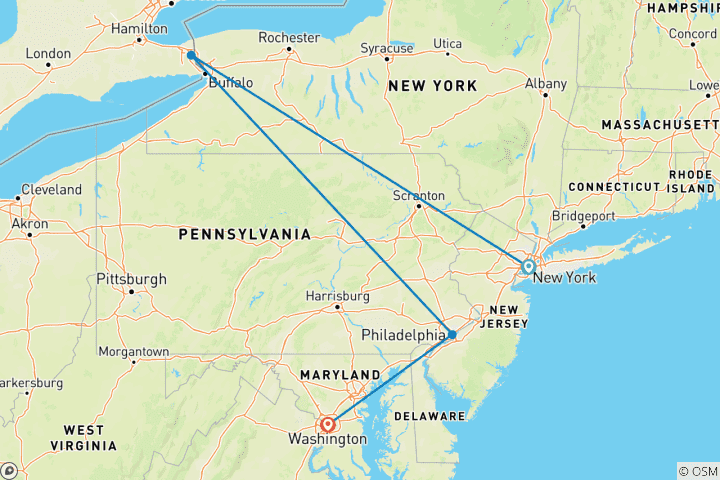 Map of Niagara, Philly & Washington - 4 days