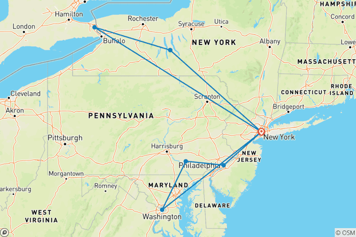 Map of Philly, Washington & Niagara - 4 days