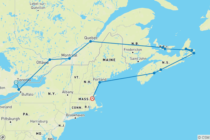 Carte du circuit Croisière dans l'est du Canada et la Nouvelle-Angleterre de Toronto à Boston (2025)