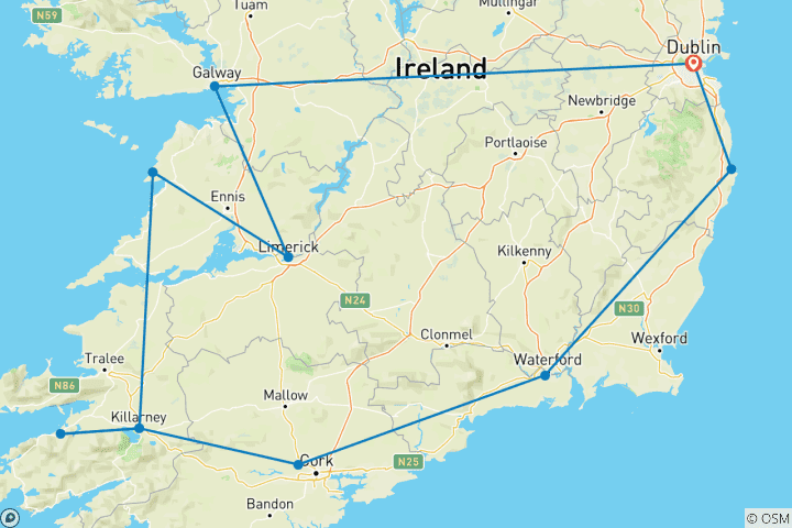 Carte du circuit Points forts de l'Irlande (hiver)
