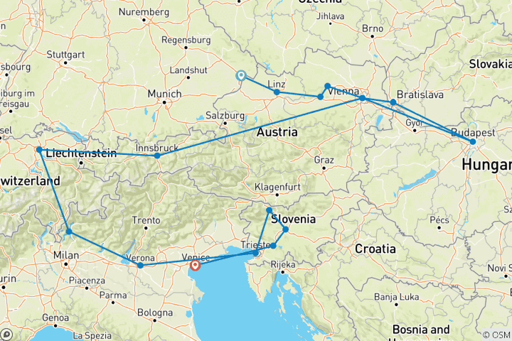 Map of Cruise & Rail: Grand Alpine & the Enchanting Danube (2025) (Passau to Venice, 2025)