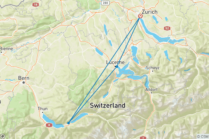 Map of Trip to Switzerland covering Zurich, Lucerne and Interlaken (6 days)