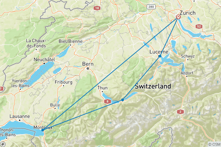 Kaart van Tot 25% korting - Zwitserland in 9 dagen (Zürich, Montreux, Interlaken en Luzern)