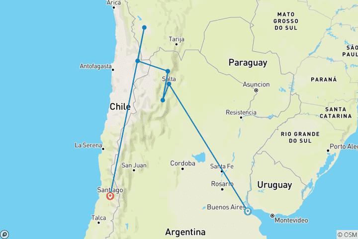 Carte du circuit Nord de l'Argentine, Chili et plaines salées d'Uyuni