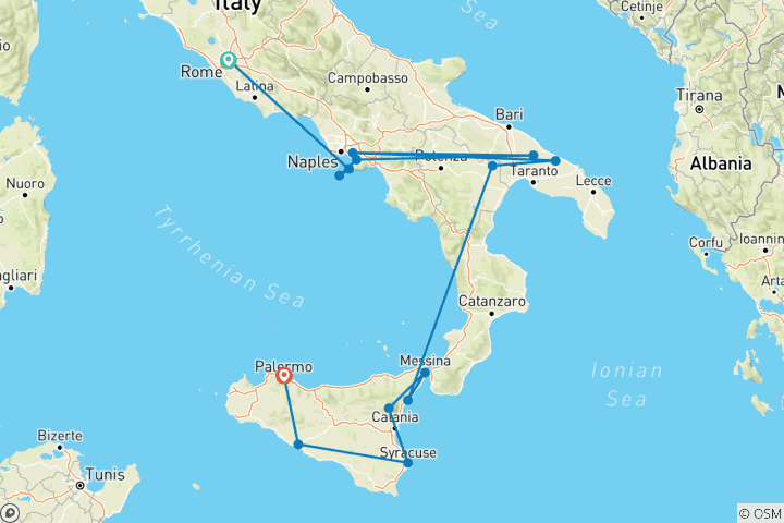 Carte du circuit Routes de campagne du sud de l'Italie et de la Sicile (Classique)