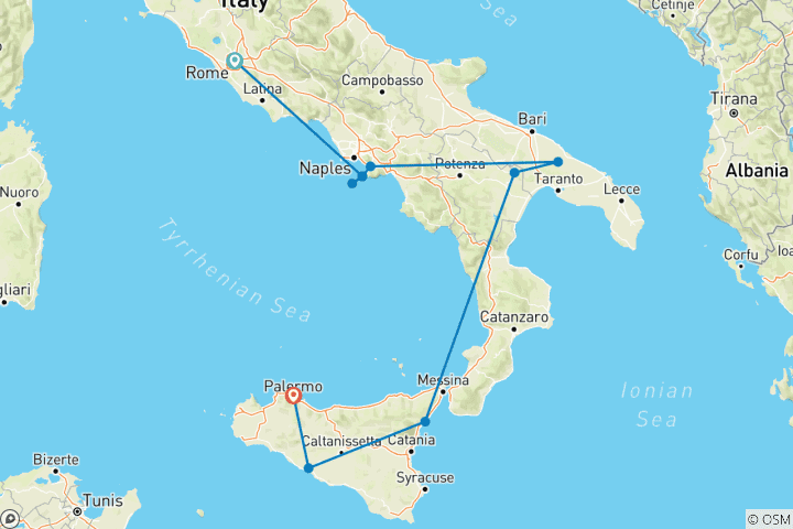 Map of Country Roads of Southern Italy and Sicily (Small Groups, 14 Days)