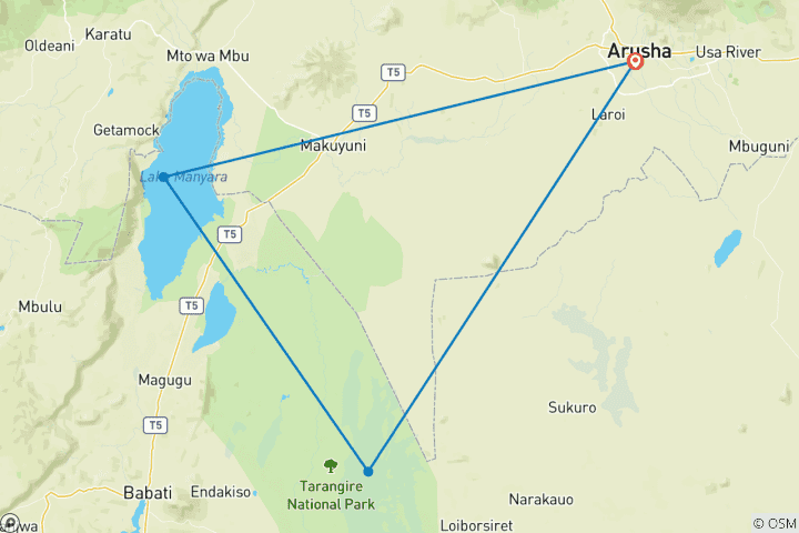 Mapa de El camino de los baobabs - Safaris en Tanzania de 2 días