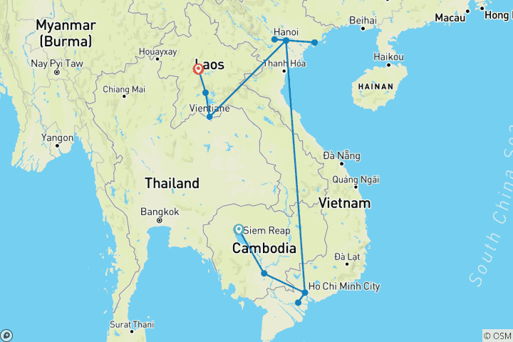 Map of 15-Day Grand Tour of Indochina (Cambodia, Vietnam, Laos)