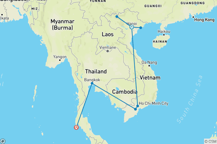 Kaart van Prachtige 14-daagse reis door Vietnam en Thailand